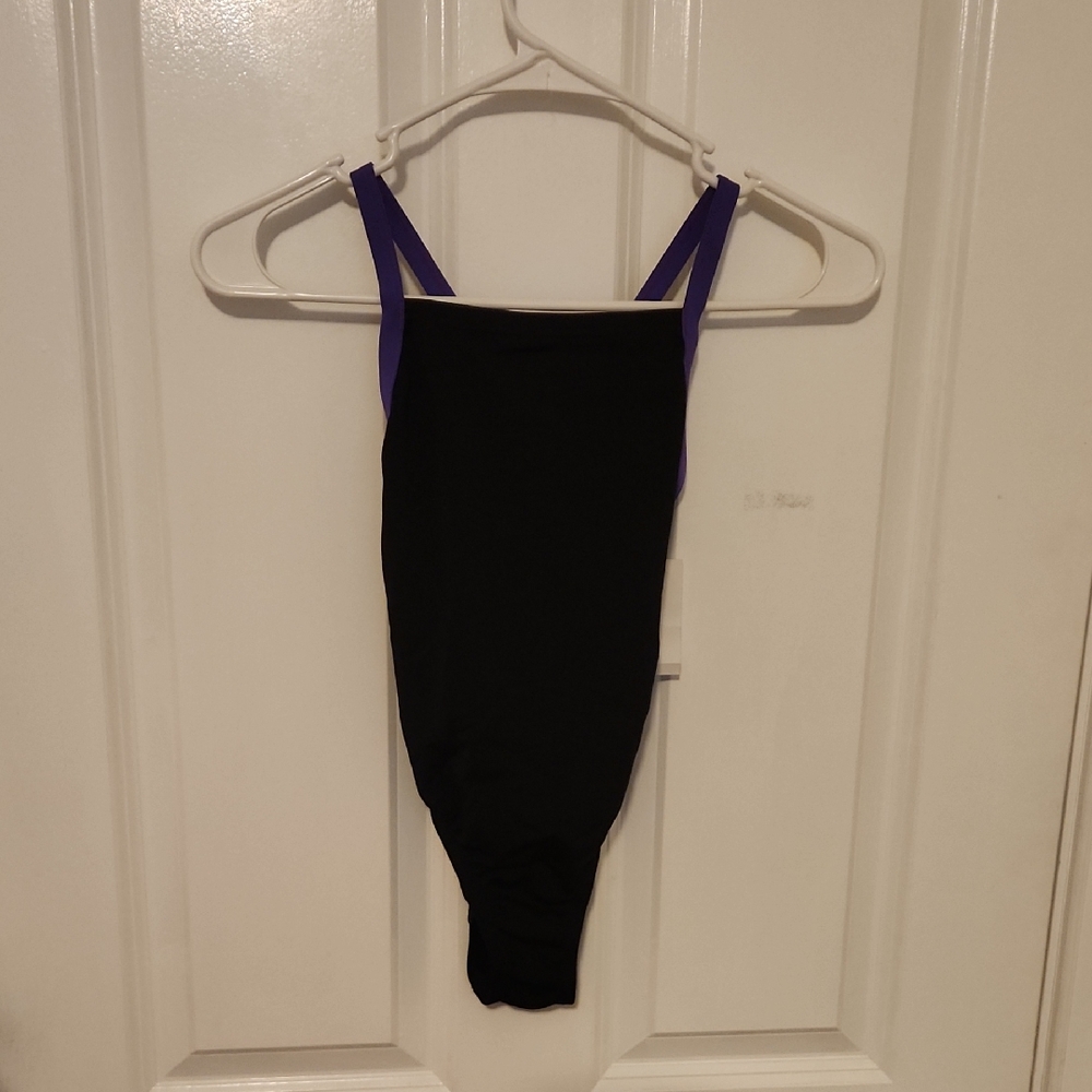 Girls Black One-Piece Swimsuit with Purple Straps - Kids